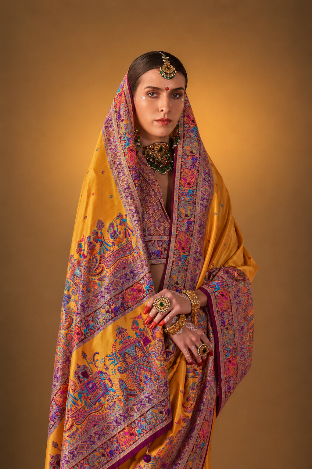 Marigold Yellow Raw Silk Saree with Heritage Prints