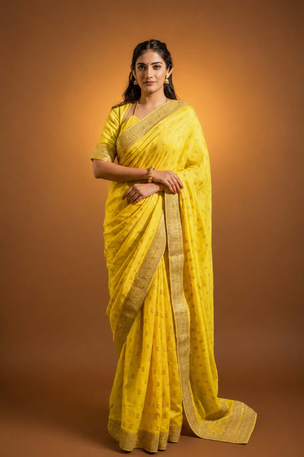Yellow Silk Saree with Golden Buti Work and Rich Zari Border
