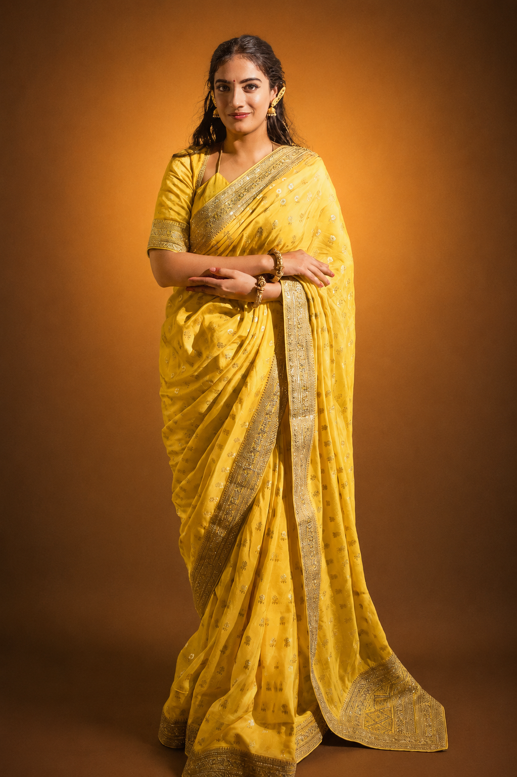 Yellow Silk Saree with Golden Buti Work and Rich Zari Border