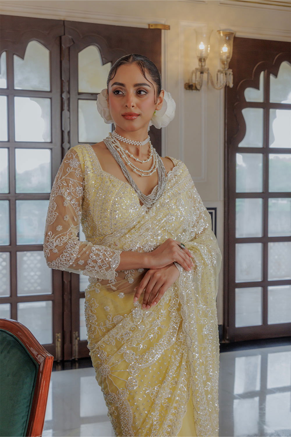 Yellow Super Net Saree with Sequin and  Swarovski Work - Mayrake.in