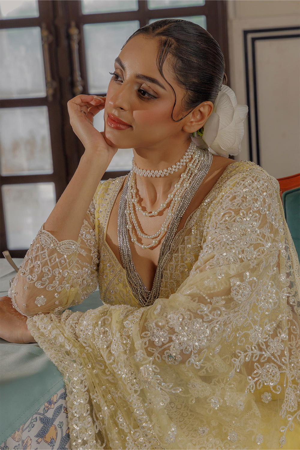 Yellow Super Net Saree with Sequin and  Swarovski Work - Mayrake.in