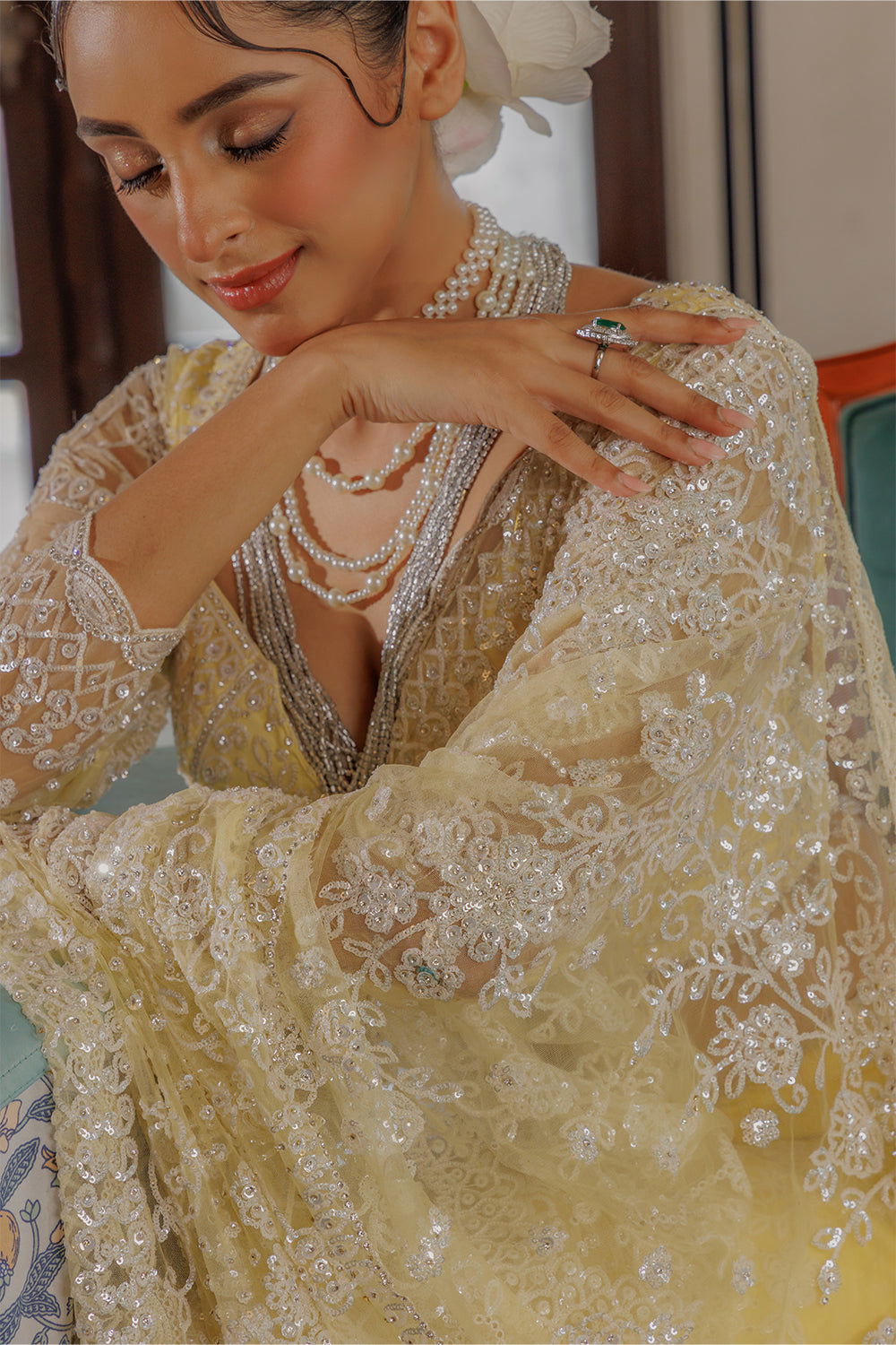 Yellow Super Net Saree with Sequin and  Swarovski Work - Mayrake.in