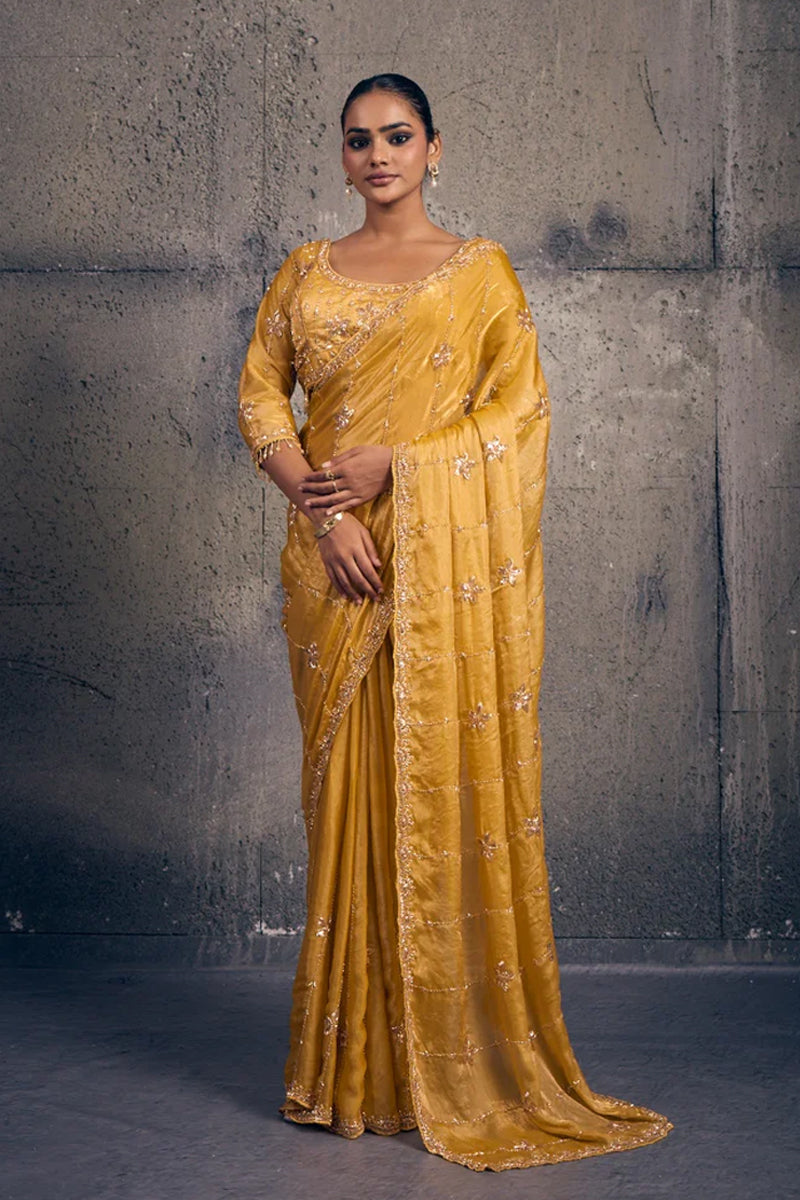 Yellow Tissue Silk Saree with Hand Embroidery with Stitched Blouse