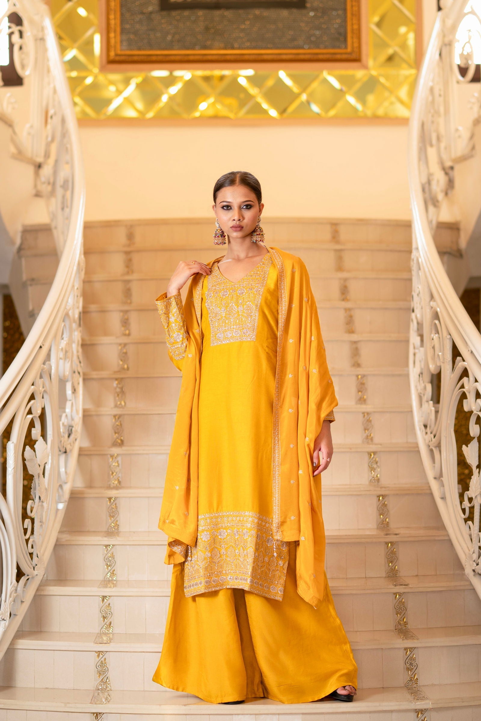 Yellow Viscose Silk Embroidered  Kurta with Flared Palazzo Set - Mayrake.in