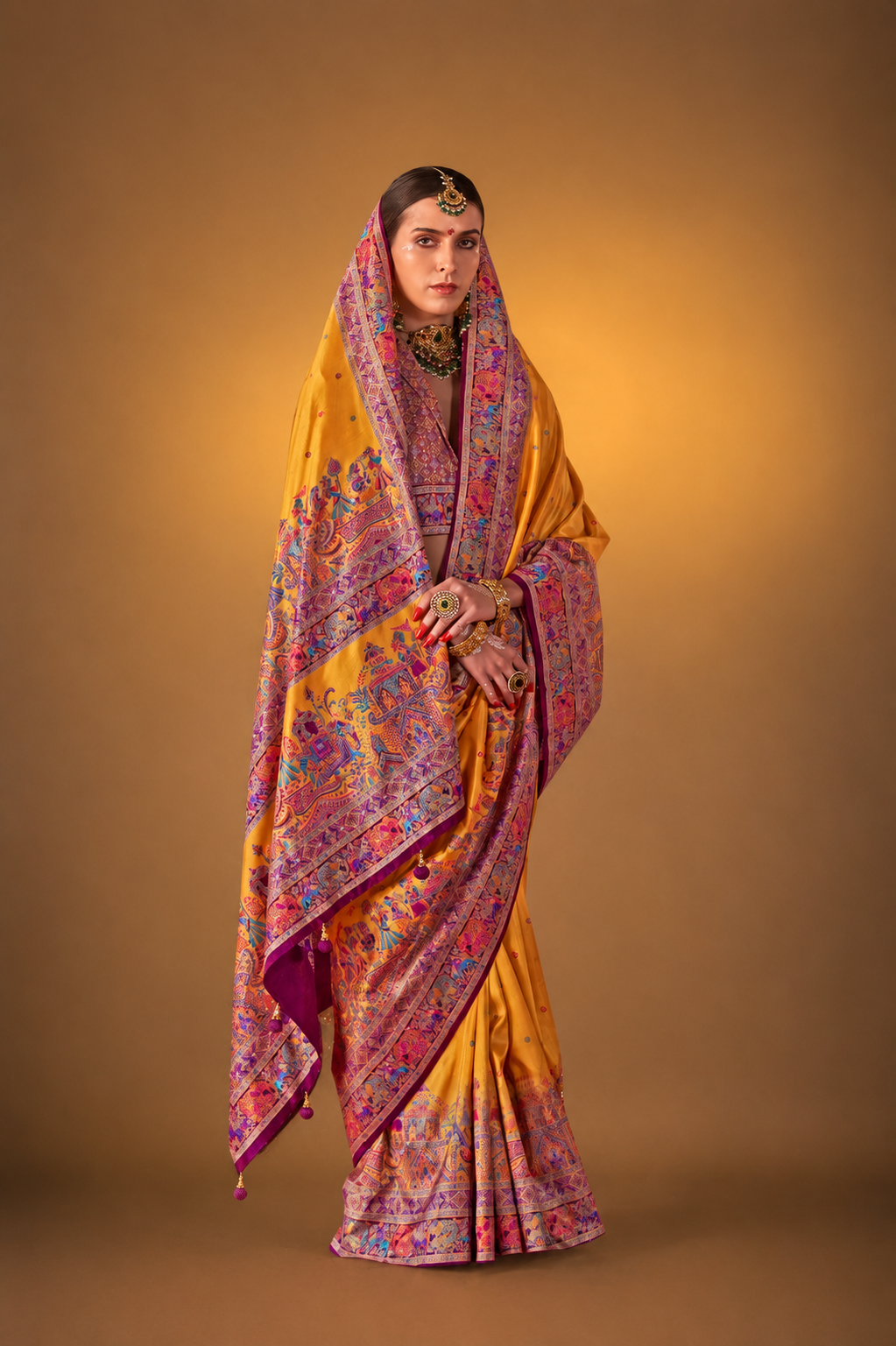 Marigold Yellow Raw Silk Saree with Heritage Prints