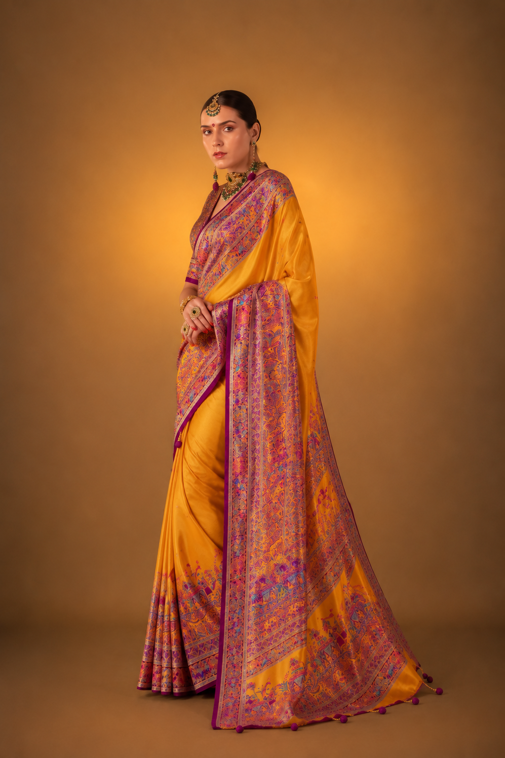 Marigold Yellow Raw Silk Saree with Heritage Prints
