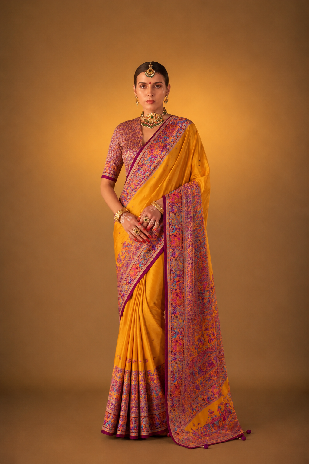 Marigold Yellow Raw Silk Saree with Heritage Prints