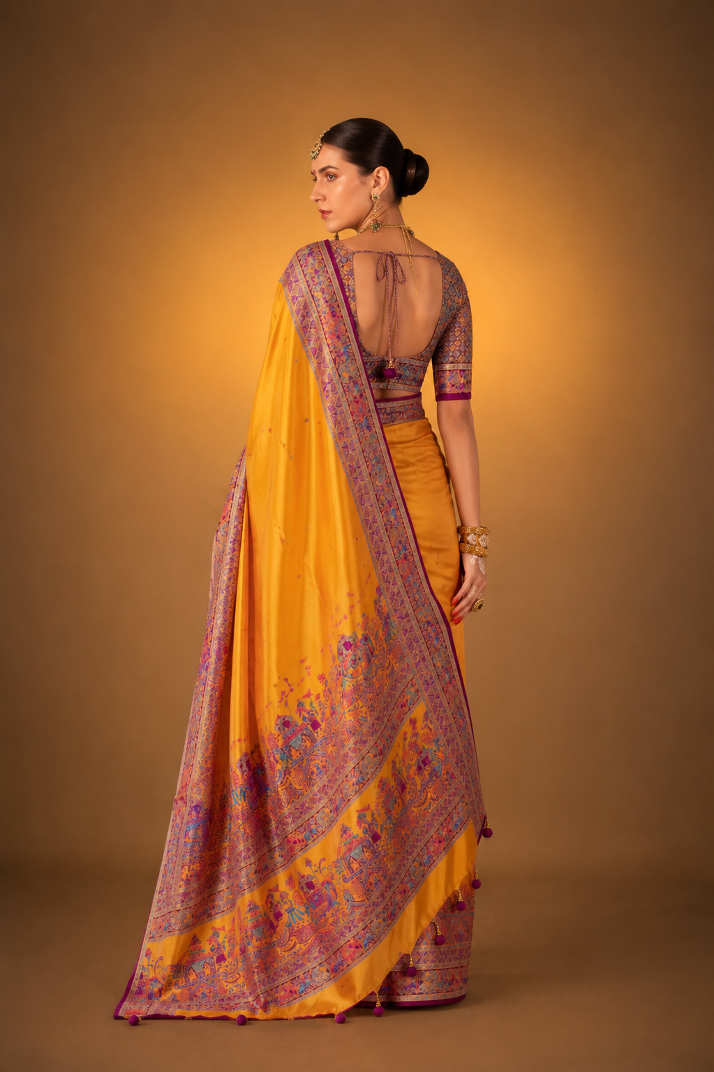Marigold Yellow Raw Silk Saree with Heritage Prints