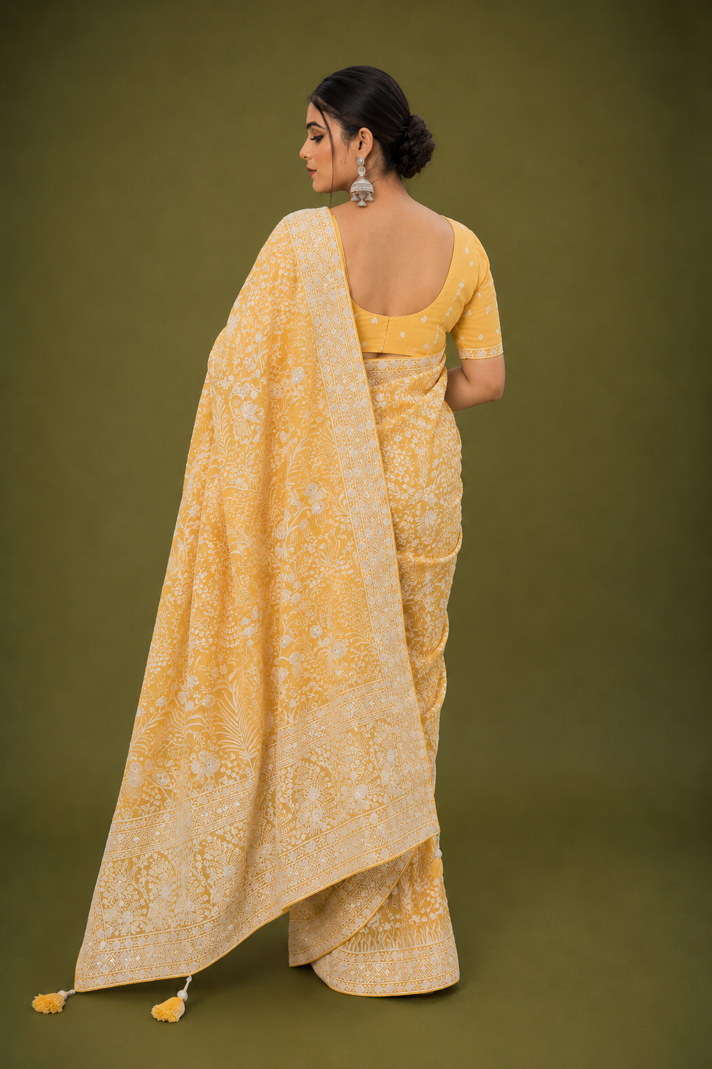 Light Yellow Lucknowi Georgette Saree with Beautiful Tassels and Zari Work