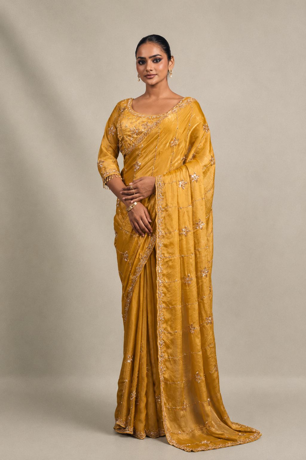 Yellow Tissue Silk Saree with Hand Embroidery with Stitched Blouse