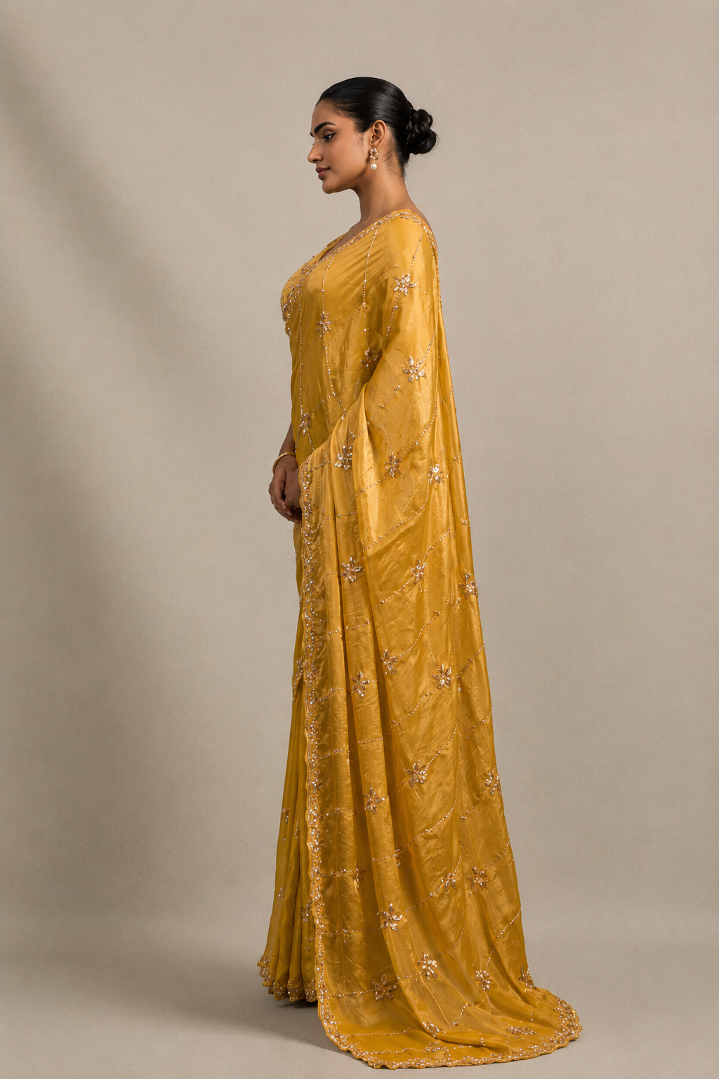 Yellow Tissue Silk Saree with Hand Embroidery with Stitched Blouse
