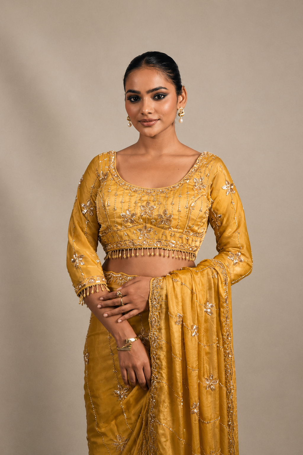 Yellow Tissue Silk Saree with Hand Embroidery with Stitched Blouse