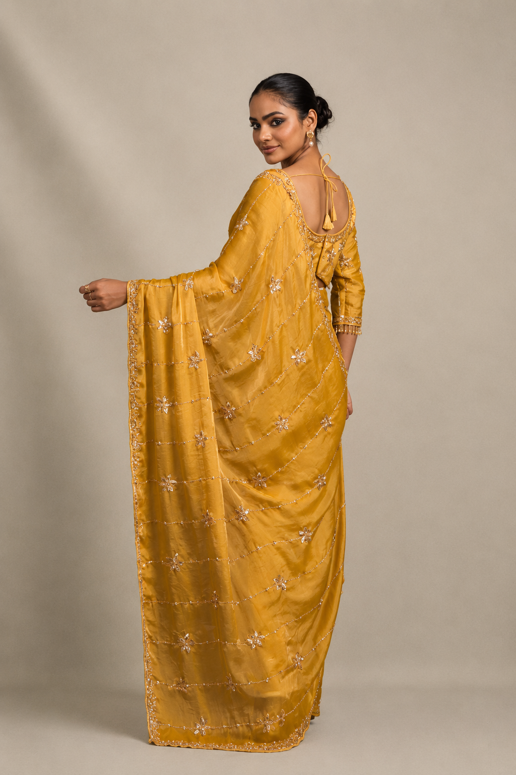 Yellow Tissue Silk Saree with Hand Embroidery with Stitched Blouse