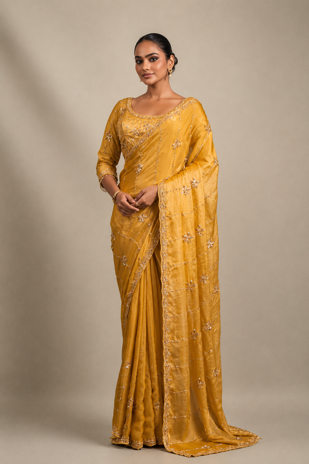 Yellow Organza Silk Saree with Hand Embroidery with Stitched Blouse