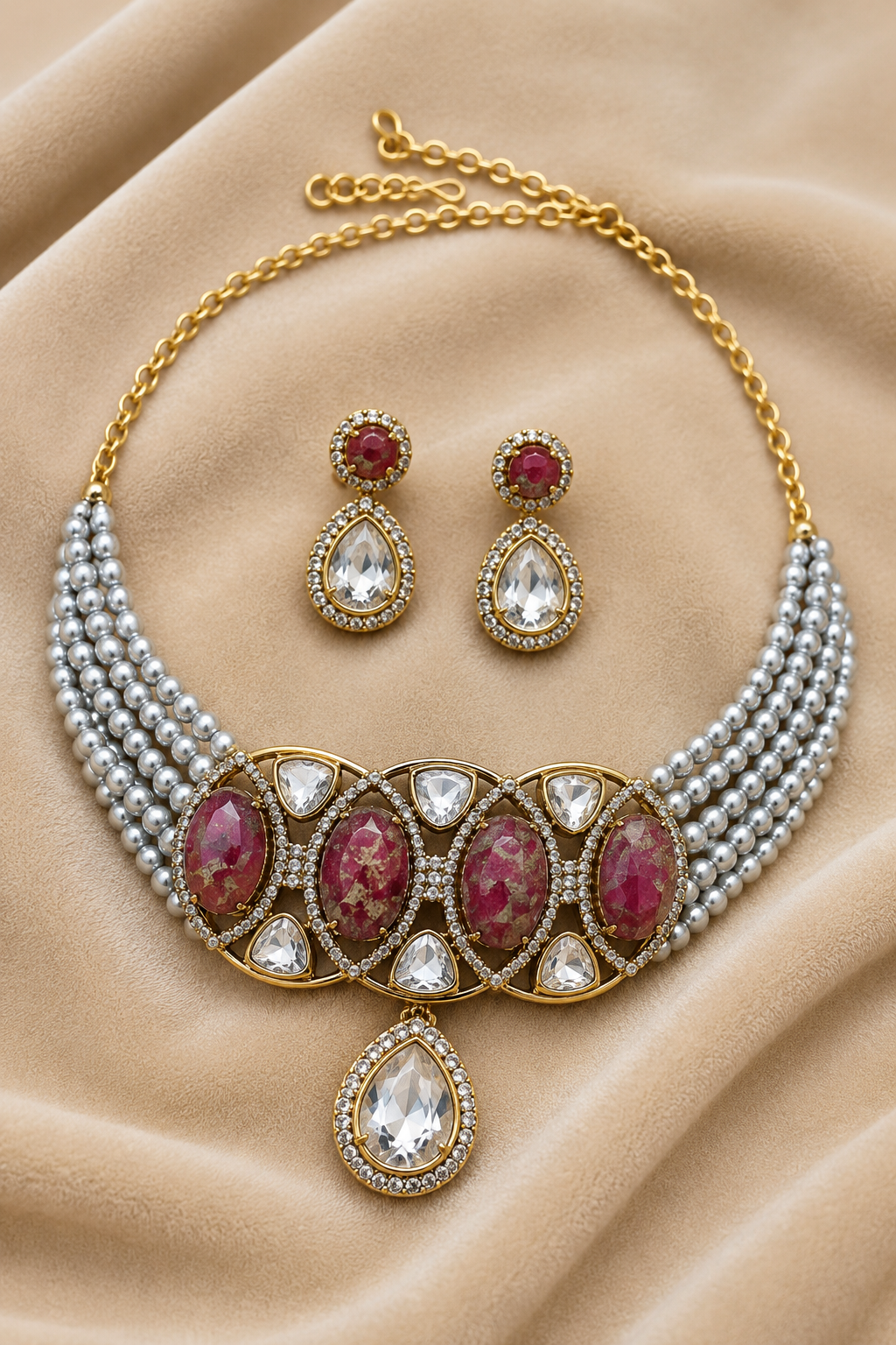 Pearl Multi-Strand Kundan Necklace Set with Red & White Teardrop Stones and Matching Earrings