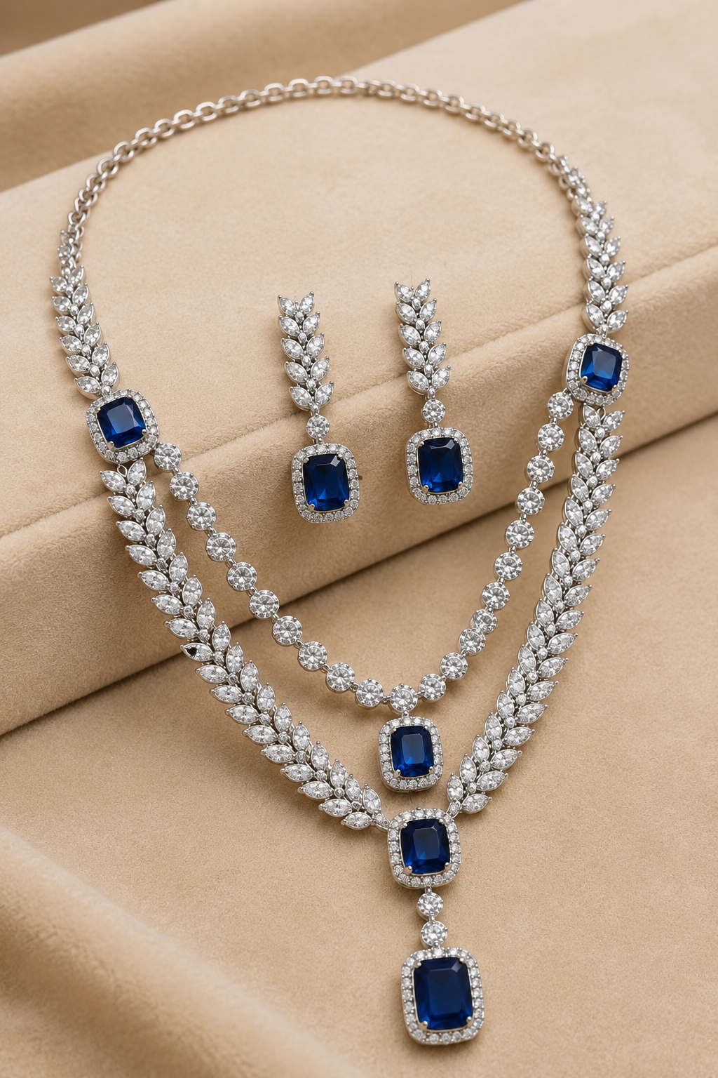 Royal Dark Blue American Diamond Double-Layer Leaf Necklace