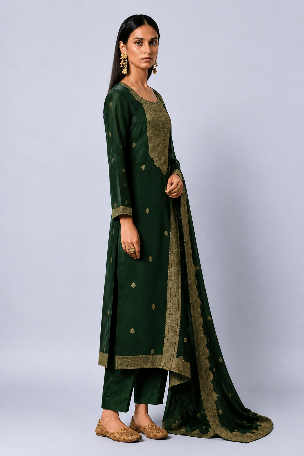 Bottle Green Viscose Silk Jacquard Suit Set With Hand Work