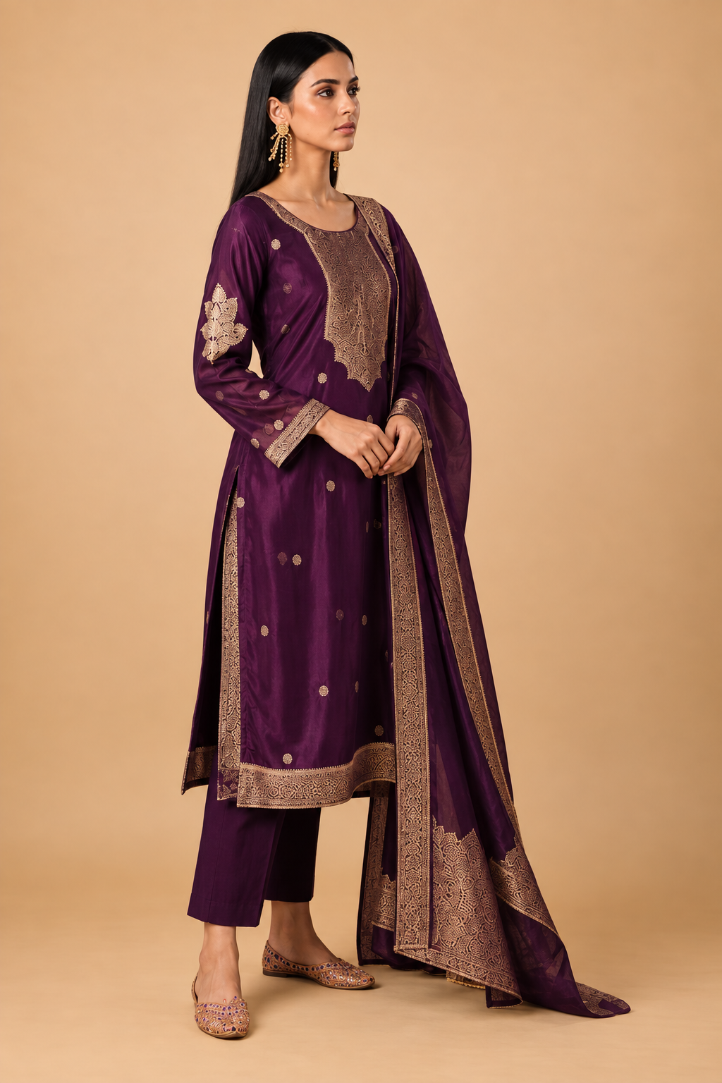 Wine Purple Viscose Silk Jacquard Suit Set With Hand Work