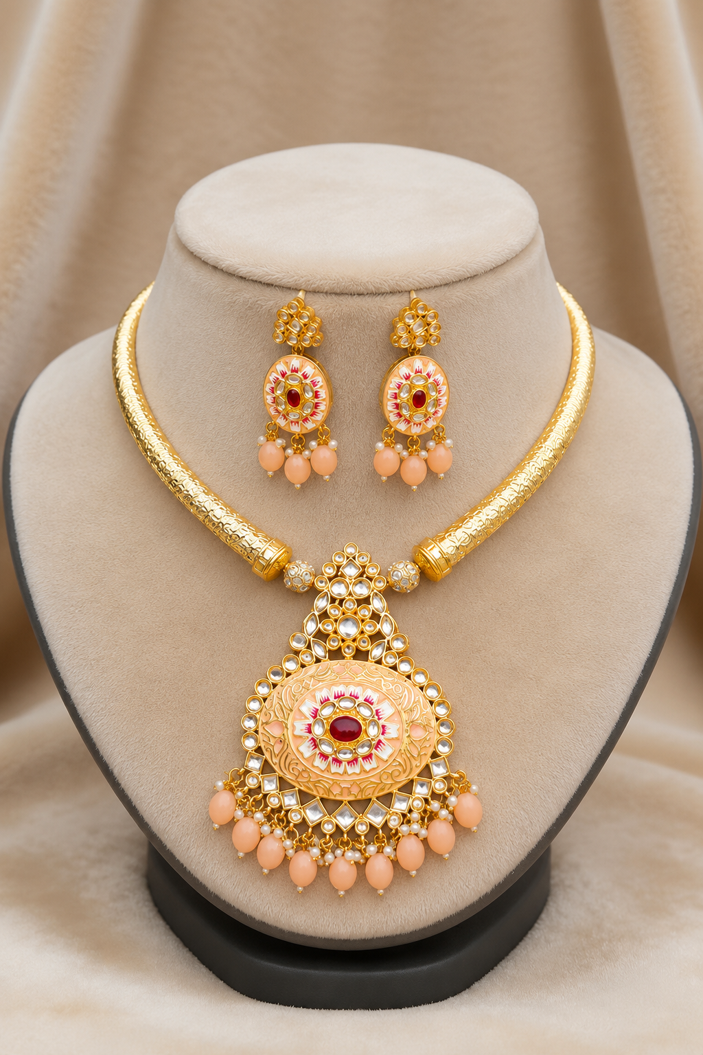 Jadau Kundan Peach Beads and Pearls Hasli Jewellery