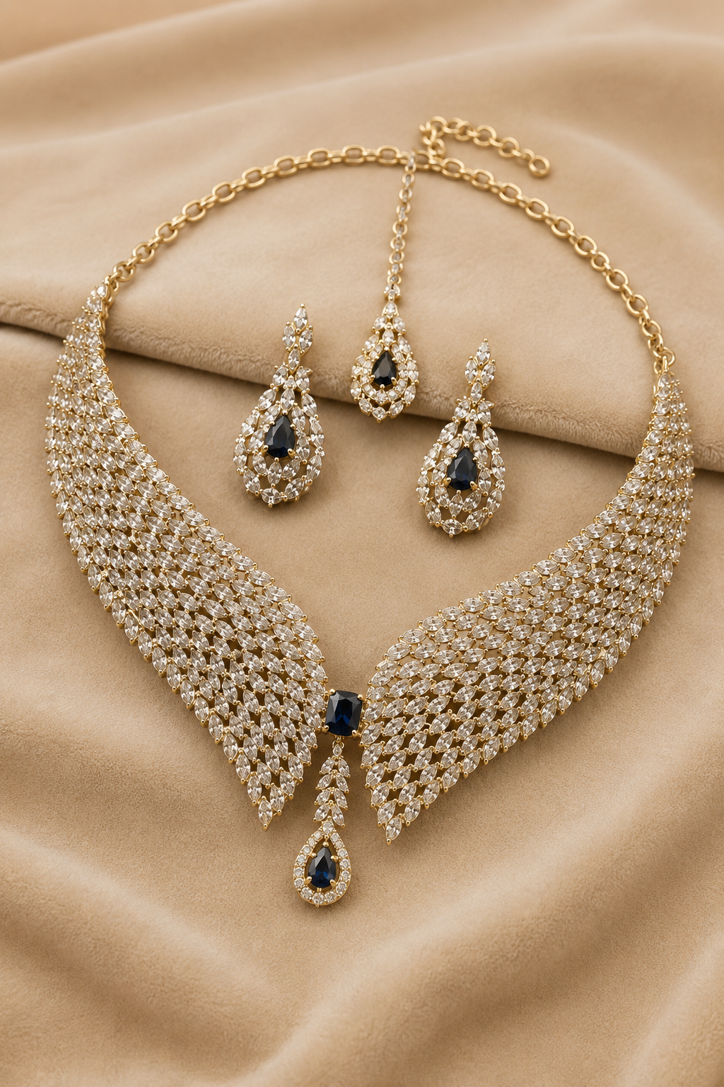 Gold Curved Diamond Collar Necklace with Midnight Blue Center Stone & Matching Stud Earrings