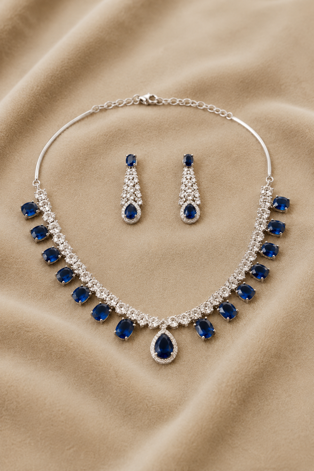Emerald Teardrop Stone Necklace Set with American Diamond Detailing