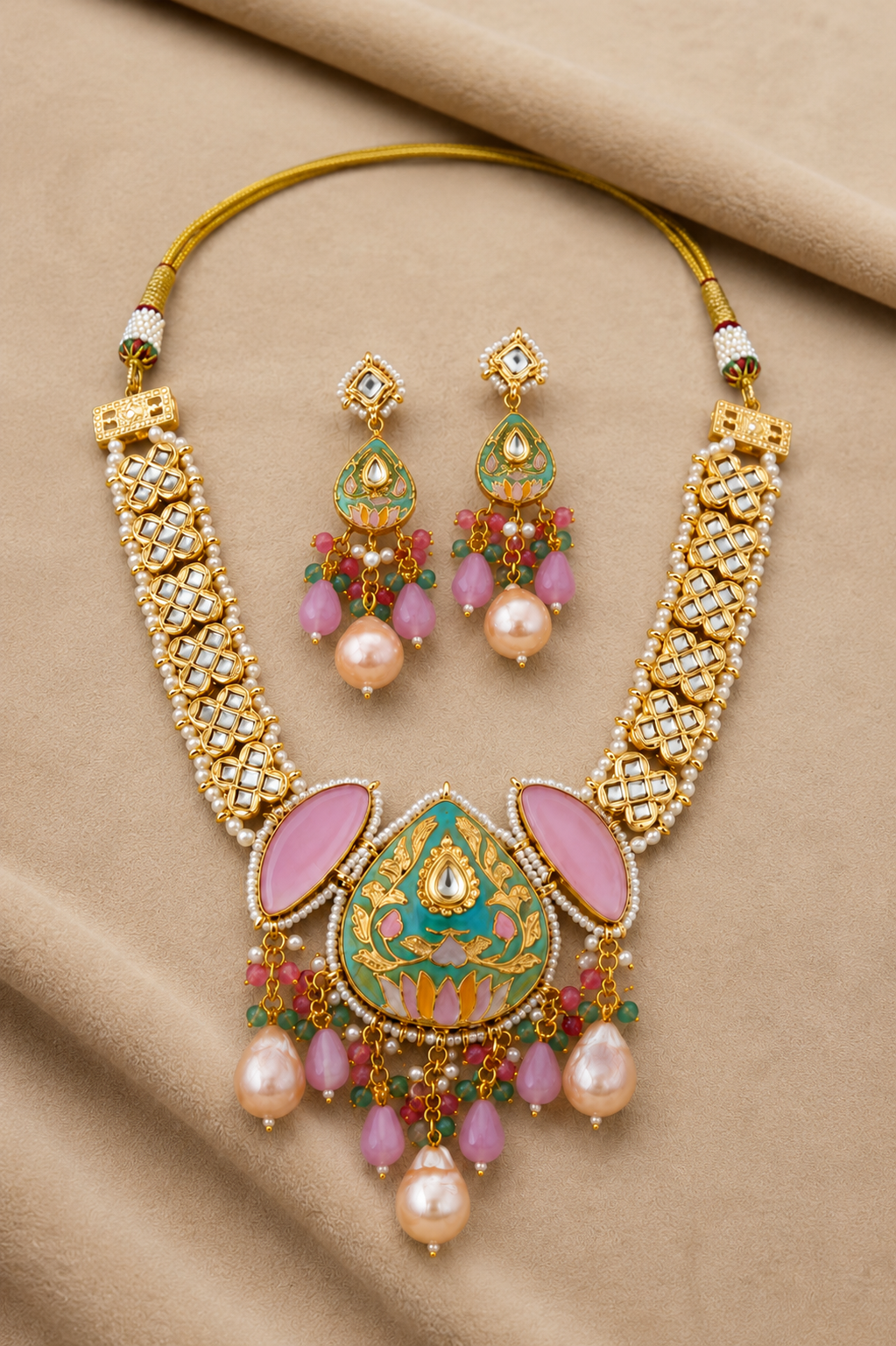 Gold Finish Kundan Necklace Jewellery with Multi-Color Beads and Pearls