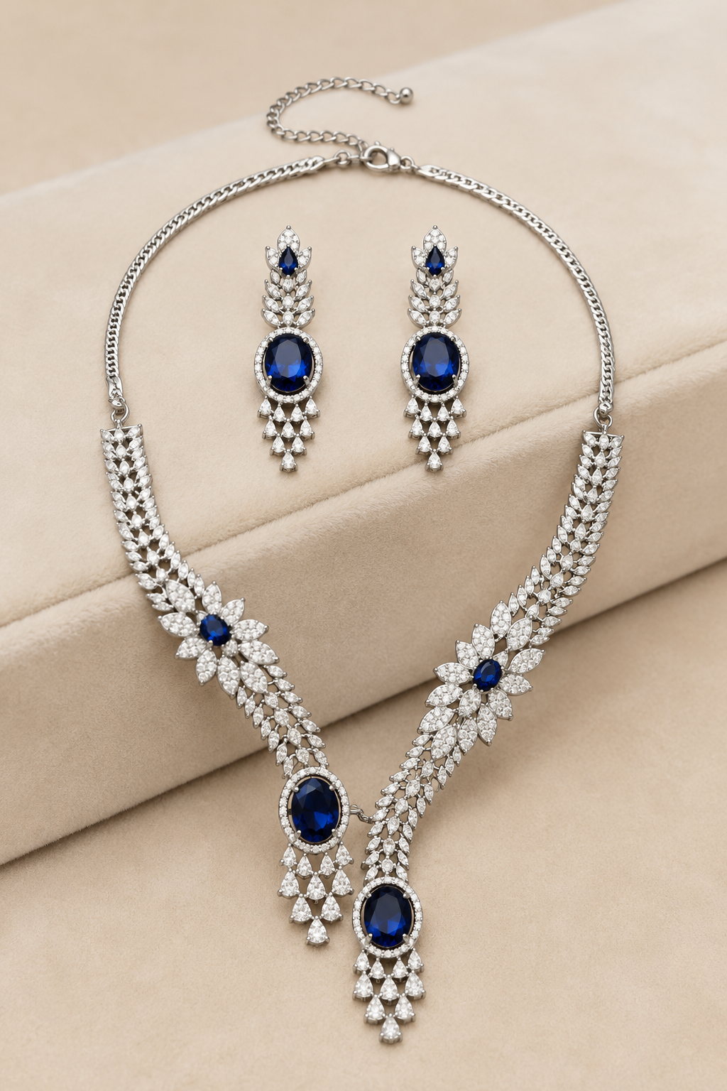 Blue & Silver-Tone Oval shaped American Diamond Necklace Set with Floral Motif