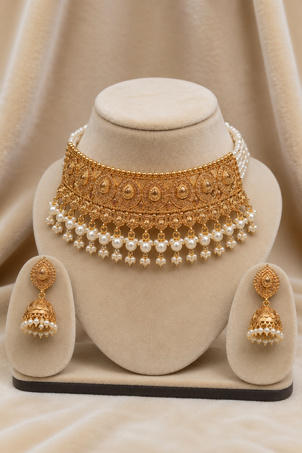 Handcrafted Gold Stone and Pearl Choker Jewellery with Matching Earrings