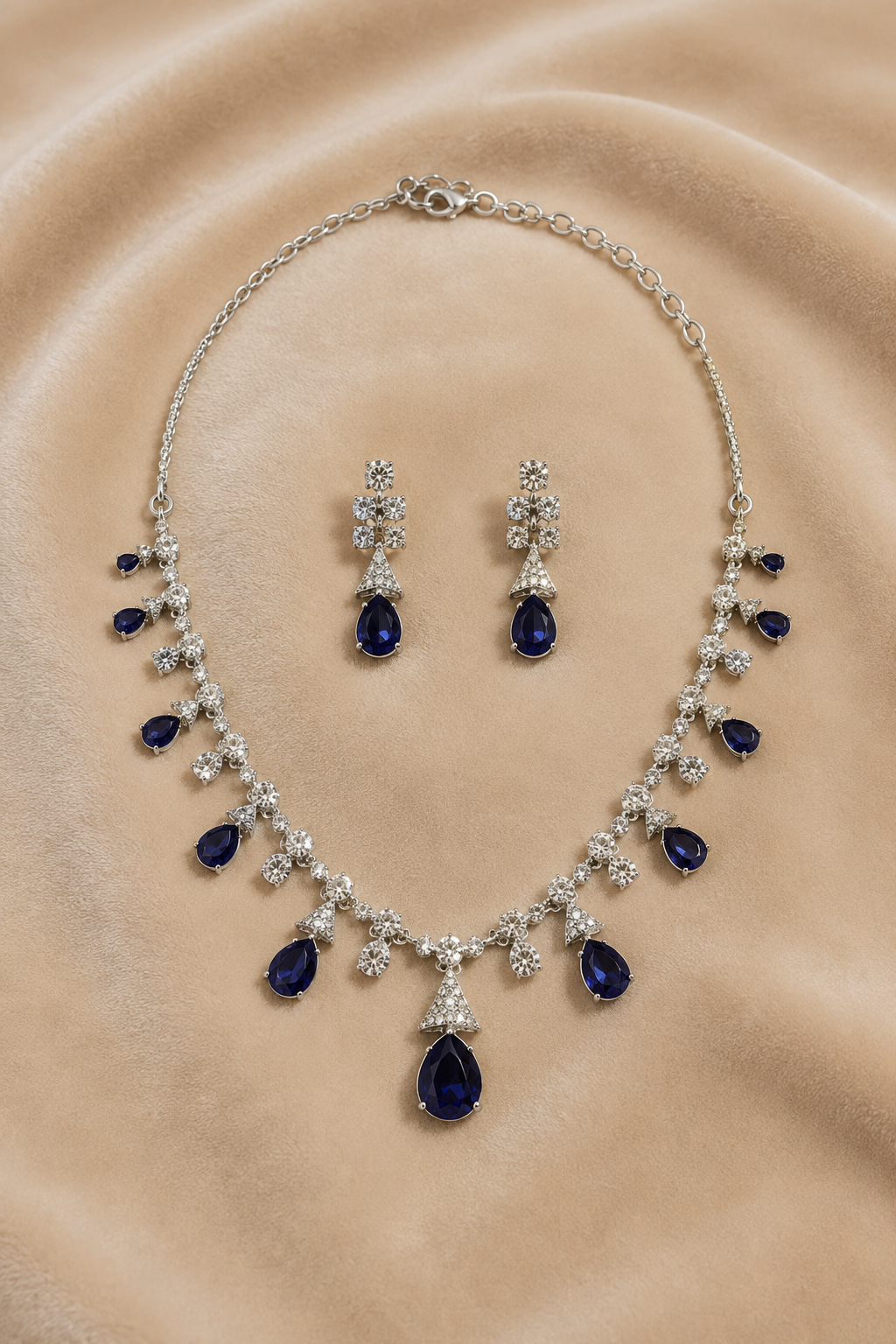 Midnight Blue Teardrop Stone Necklace Set with Floral Diamond-Studded Detailing