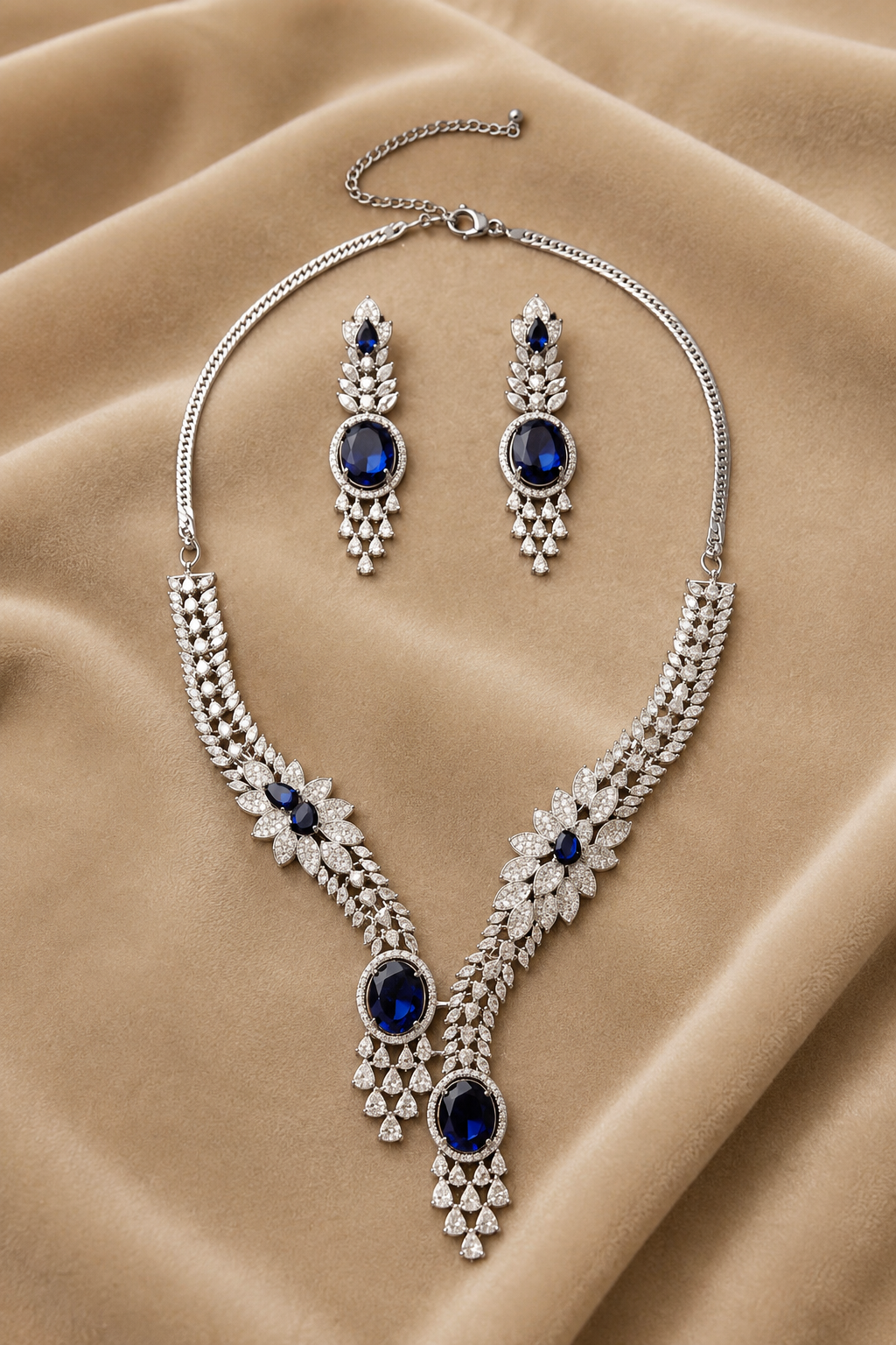 Blue & Silver-Tone Oval shaped American Diamond Necklace Set with Floral Motif