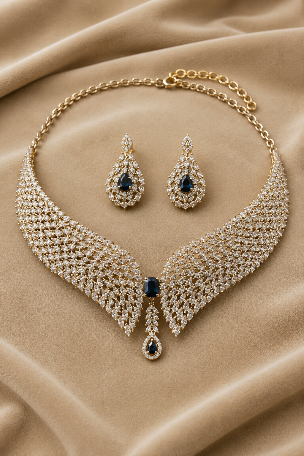 Gold Curved Diamond Collar Necklace with Midnight Blue Center Stone & Matching Stud Earrings