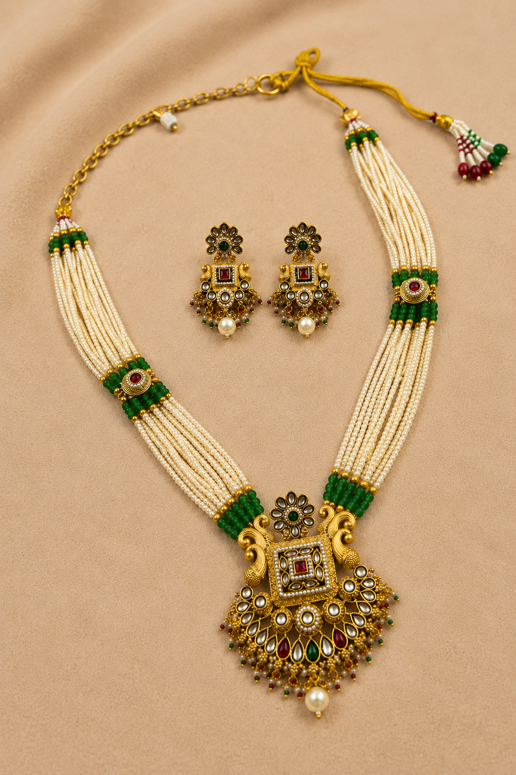 Gold-Tone Kundan Pearl Long Necklace Set with Multicolor Kundan Design