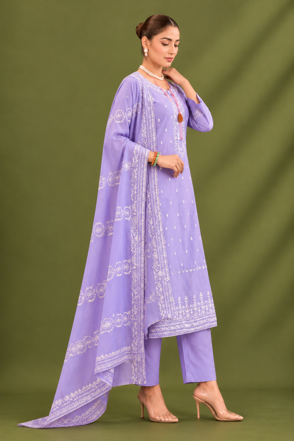 Lavender Mal Cotton Suit Set With Laser Cut Work