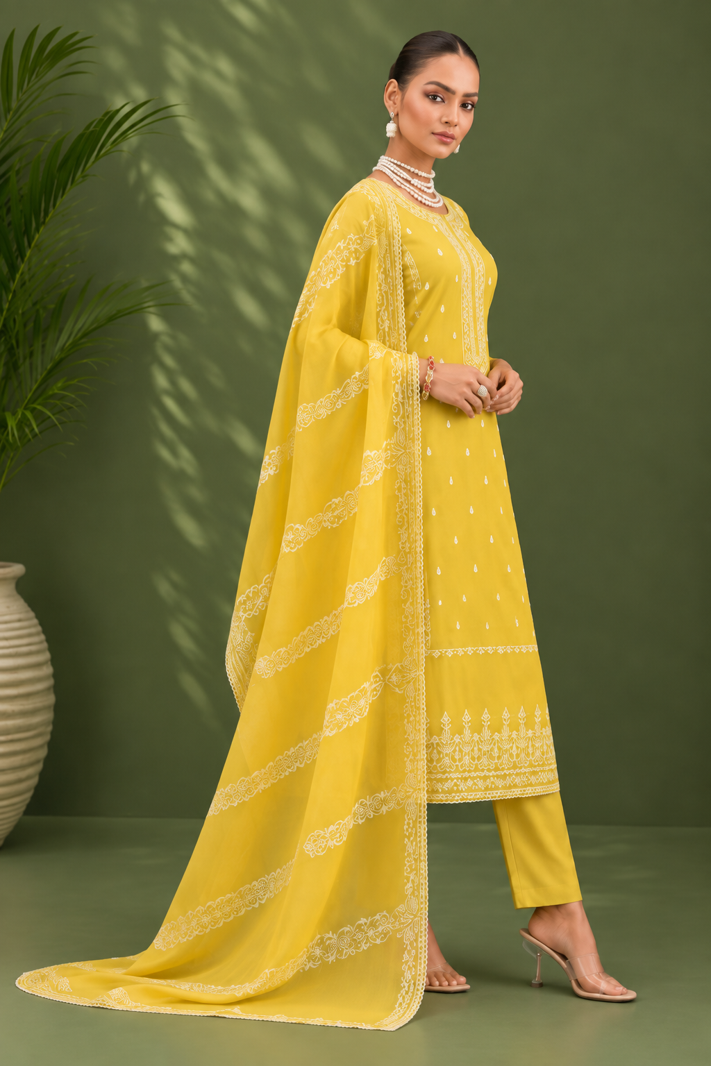 Mustard Yellow Mal Cotton Suit Set With Laser Cut Work