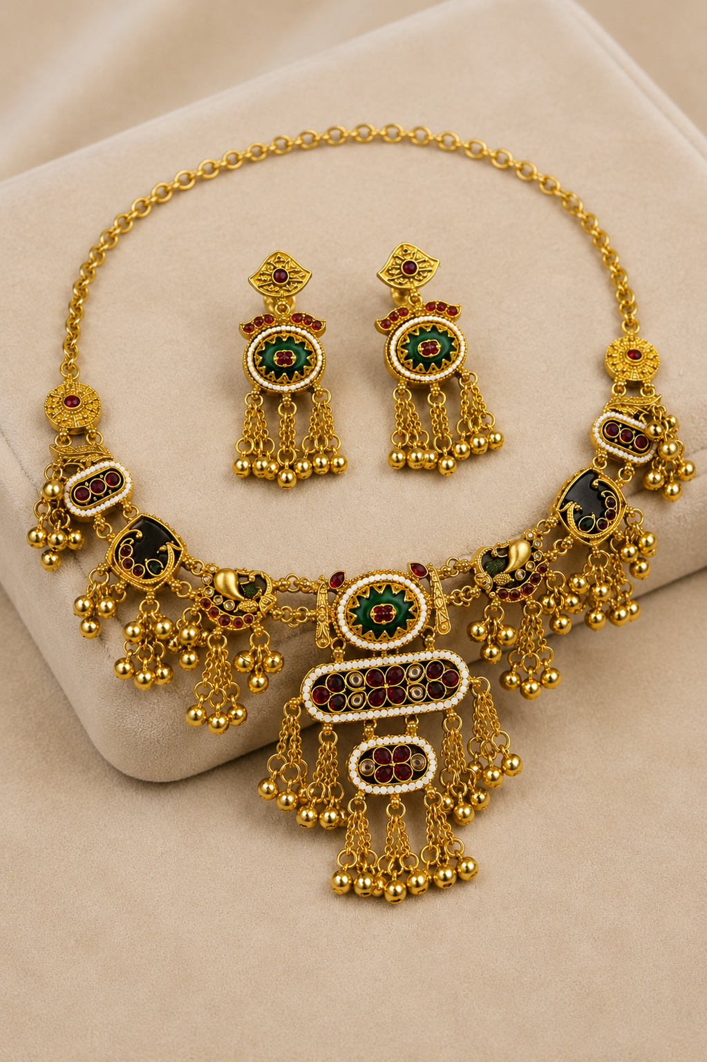 Gold-Tone Necklace Set With Red & Green Temple Design