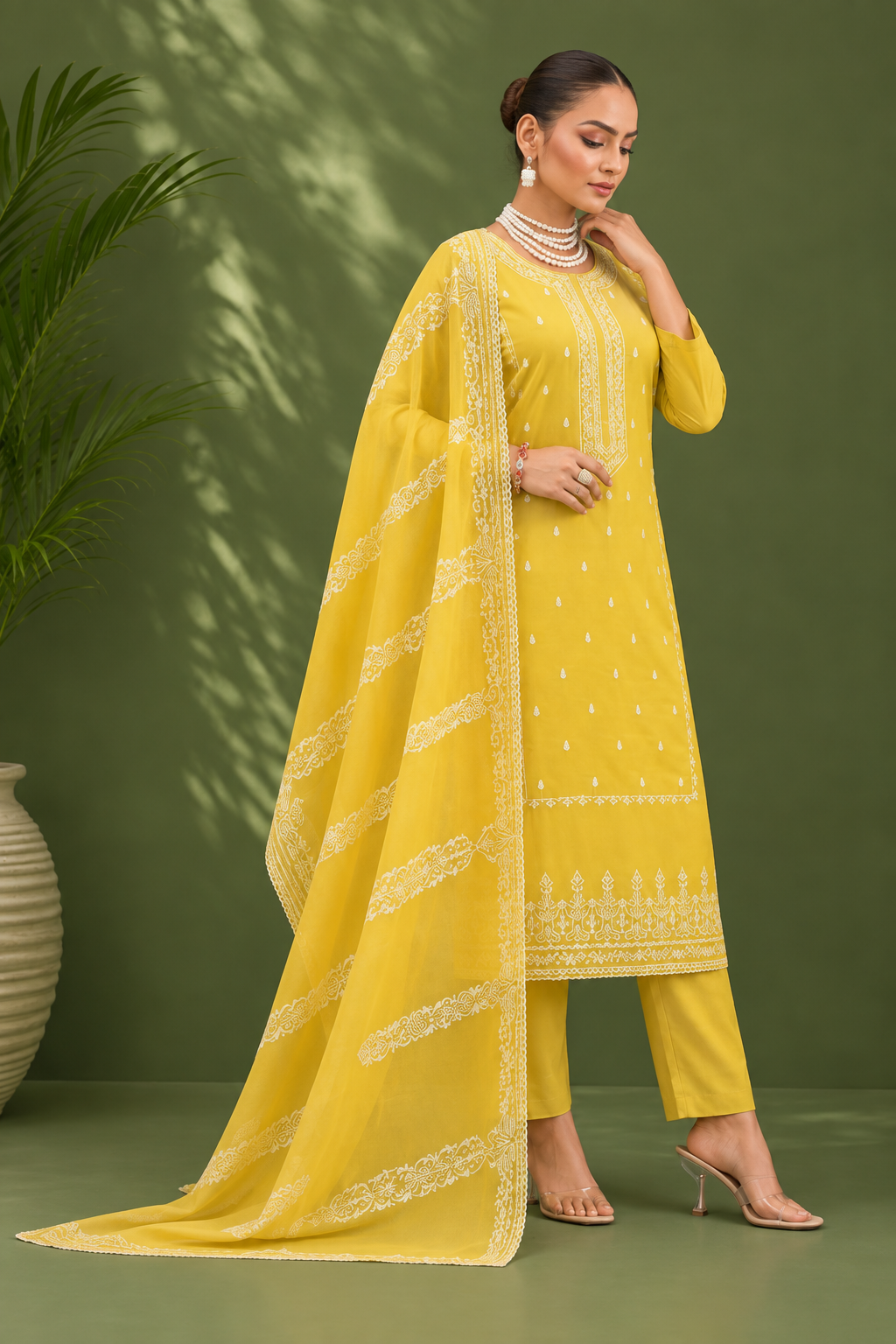 Mustard Yellow Mal Cotton Suit Set With Laser Cut Work
