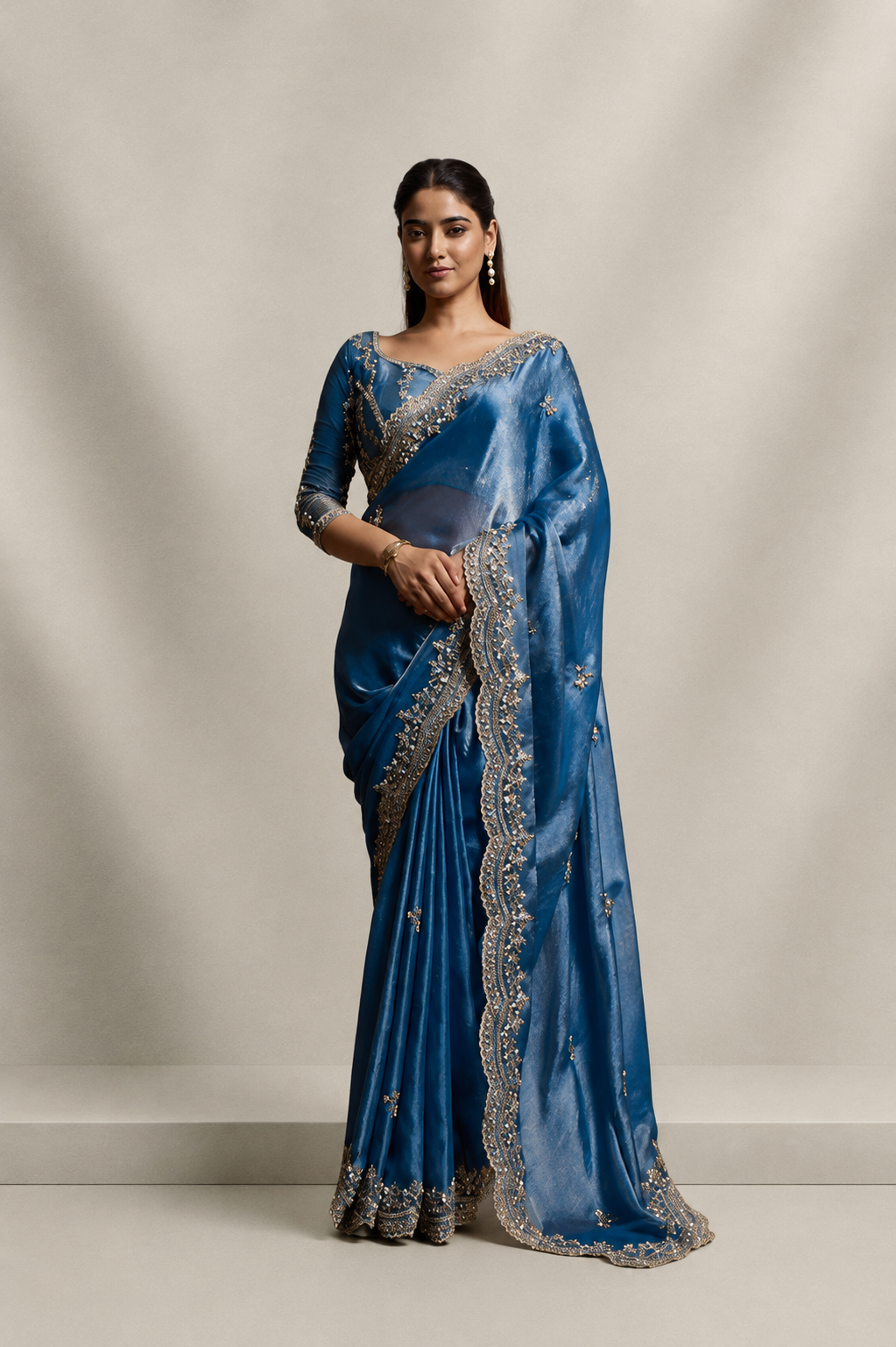 Dusty Blue Organza Silk Saree with Hand Embroidery with Stitched Blouse
