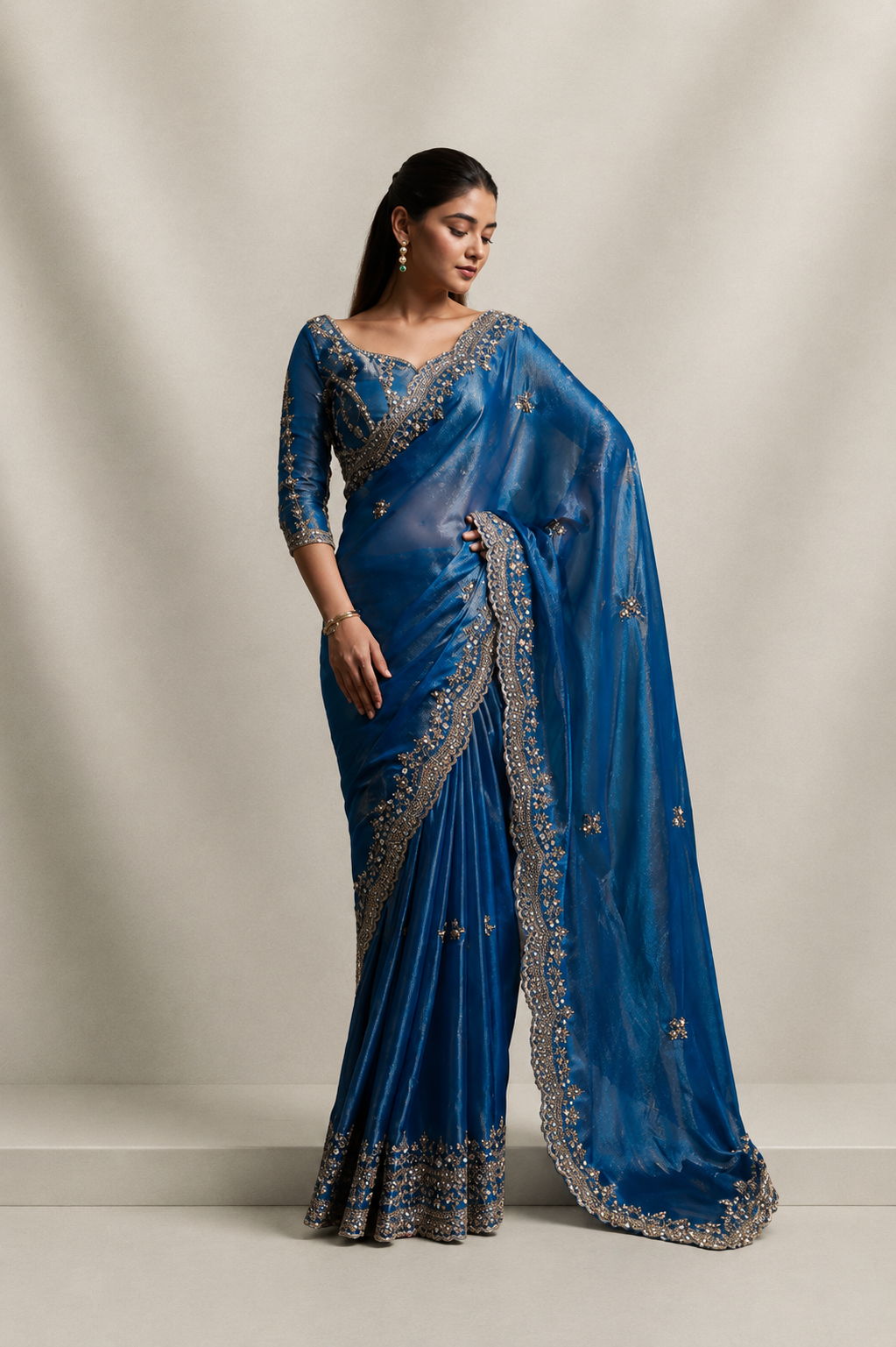 Dusty Blue Organza Silk Saree with Hand Embroidery with Stitched Blouse