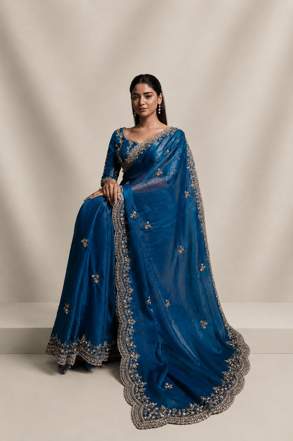 Dusty Blue Organza Silk Saree with Hand Embroidery with Stitched Blouse
