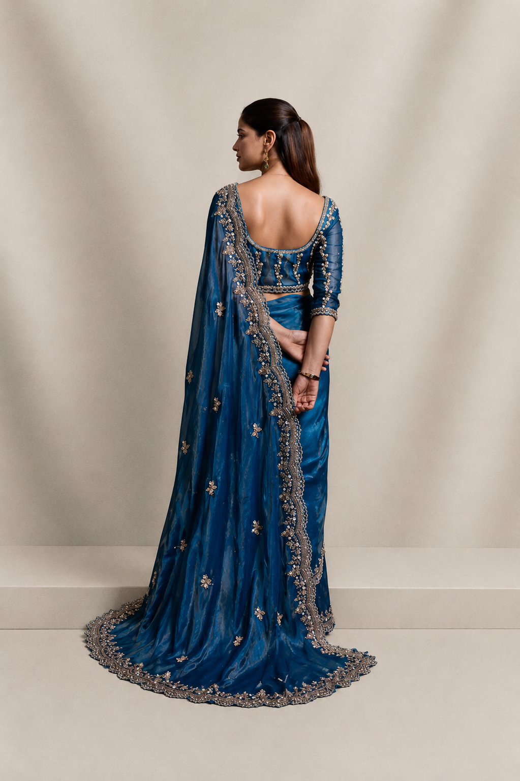 Dusty Blue Organza Silk Saree with Hand Embroidery with Stitched Blouse