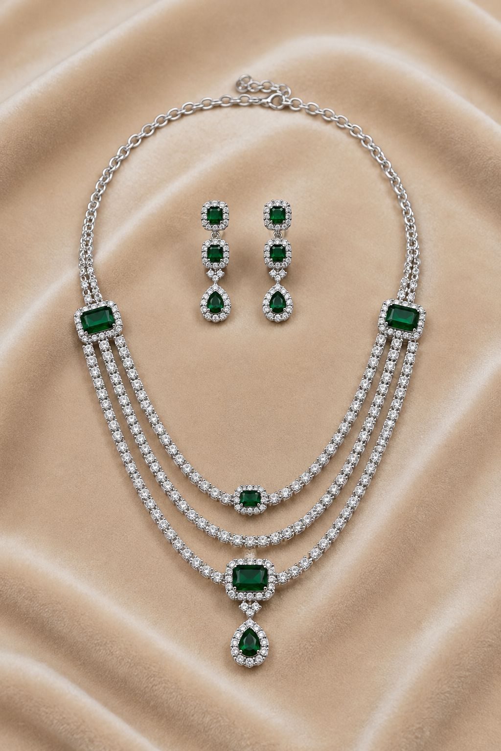 Royal Emerald Green Square-Cut American Diamond 3-Layer Necklace Set