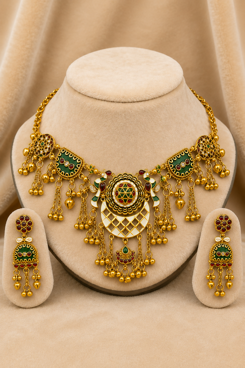 Gold Meenakari Choker Necklace Set with Ghungroo Tassels & Matching Earrings