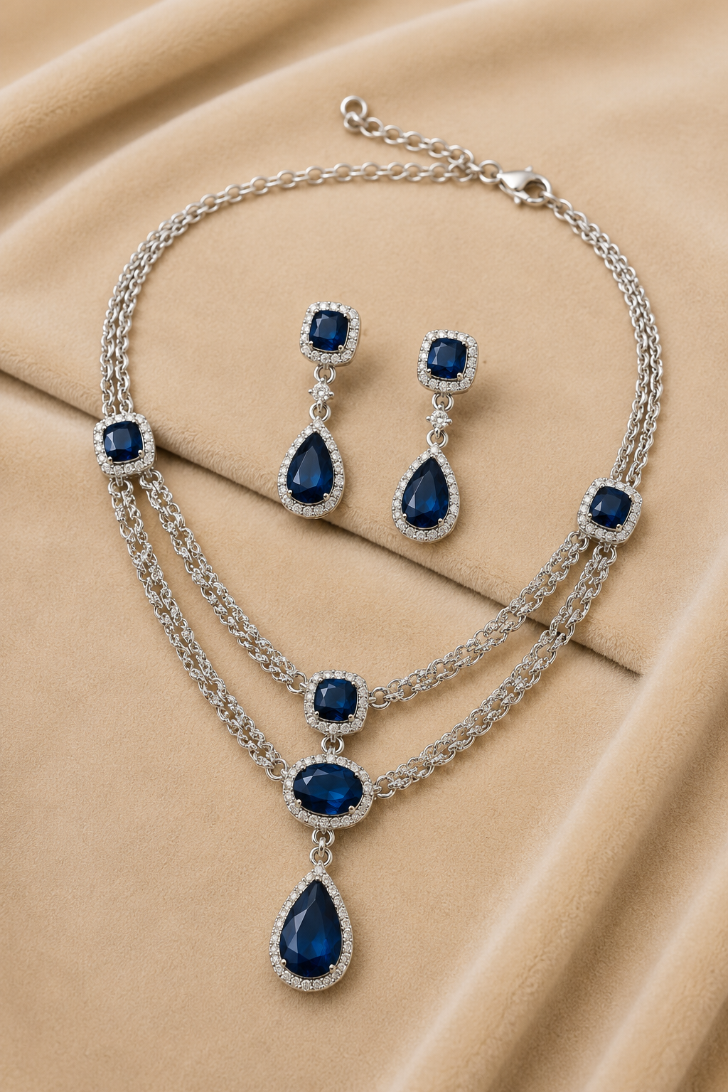Sapphire Oval-Cut Necklace Set with American Diamond Detailing