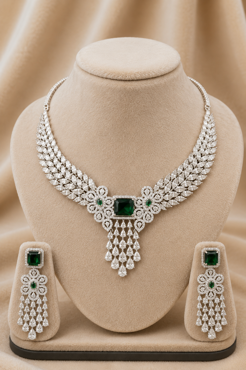 Green Silver Tone American Diamond Necklace Set with Floral Motif