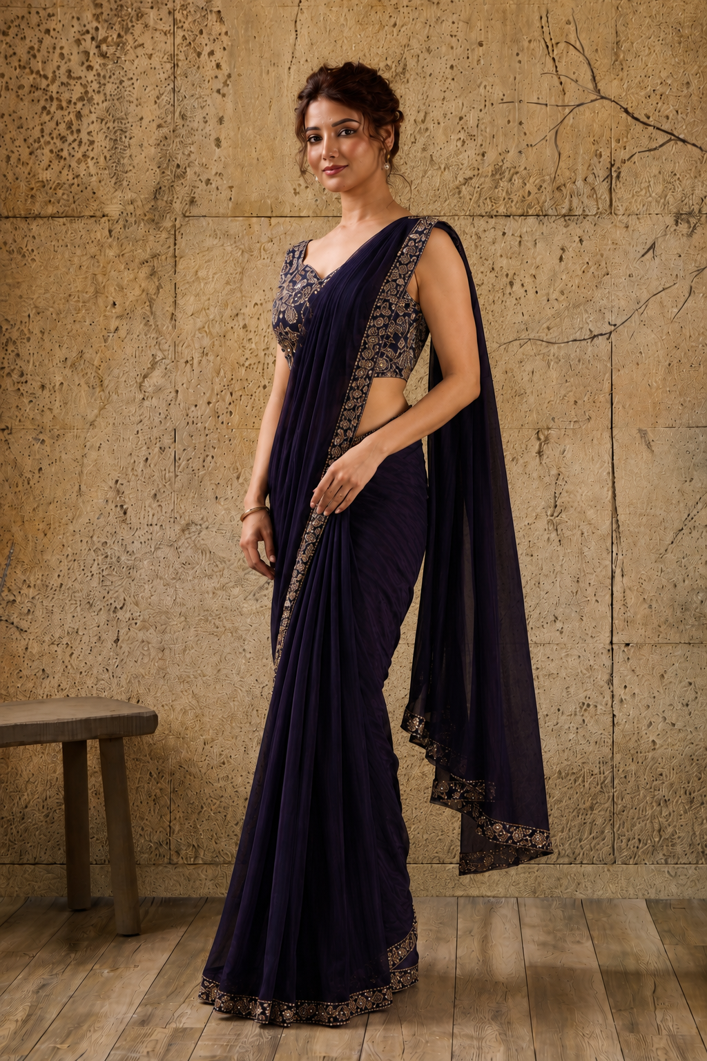 Black Georgette Pre-Draped Saree with Embroidered Border With Ready To Wear Blouse
