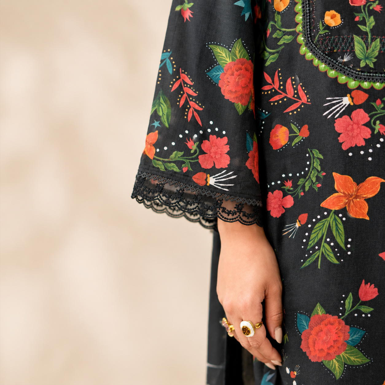 Black Pure Cotton Lawn Suit Set With Resham Embroidery, Digital Print & Scalloped Crochet Design