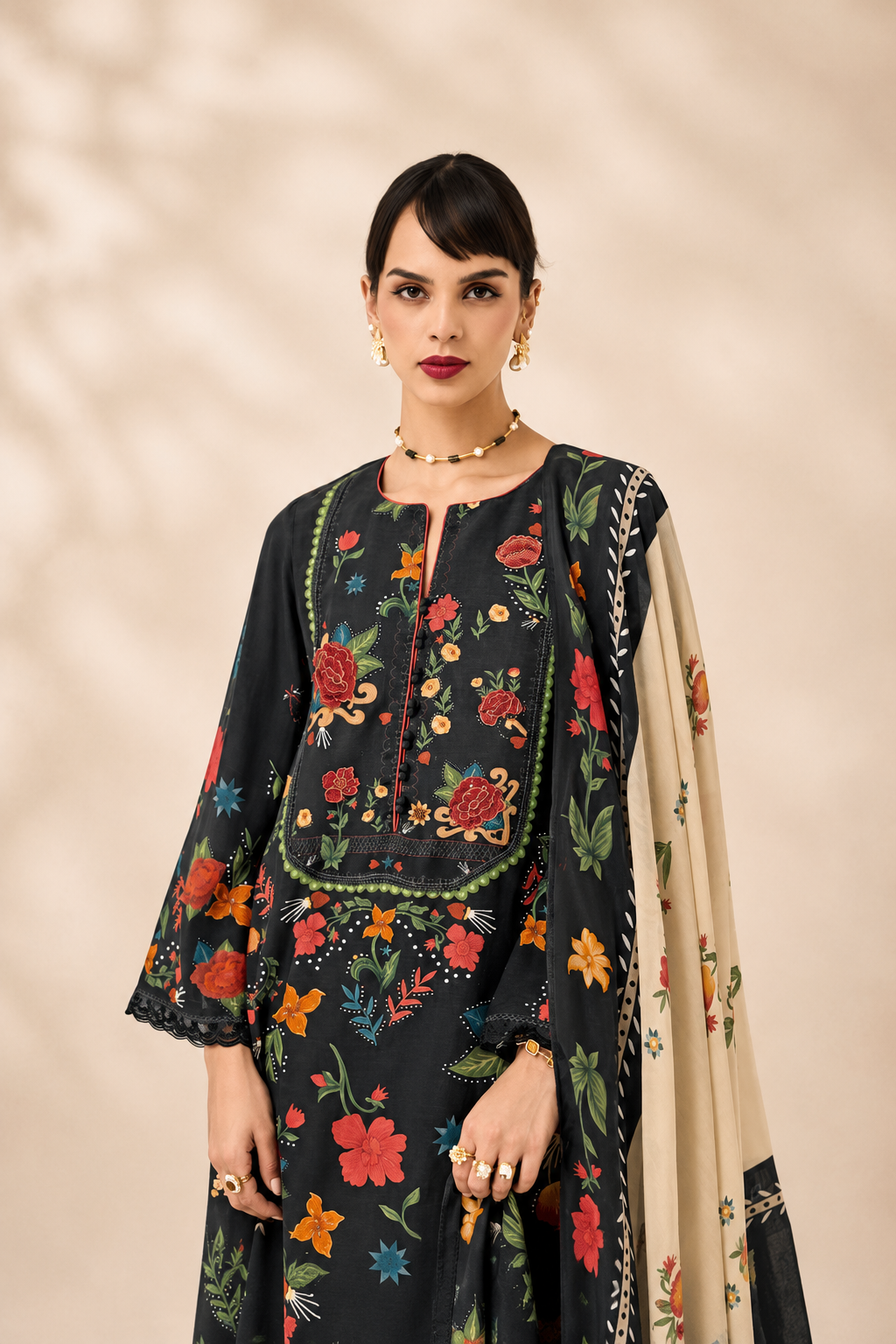 Black Pure Cotton Lawn Suit Set With Resham Embroidery, Digital Print & Scalloped Crochet Design