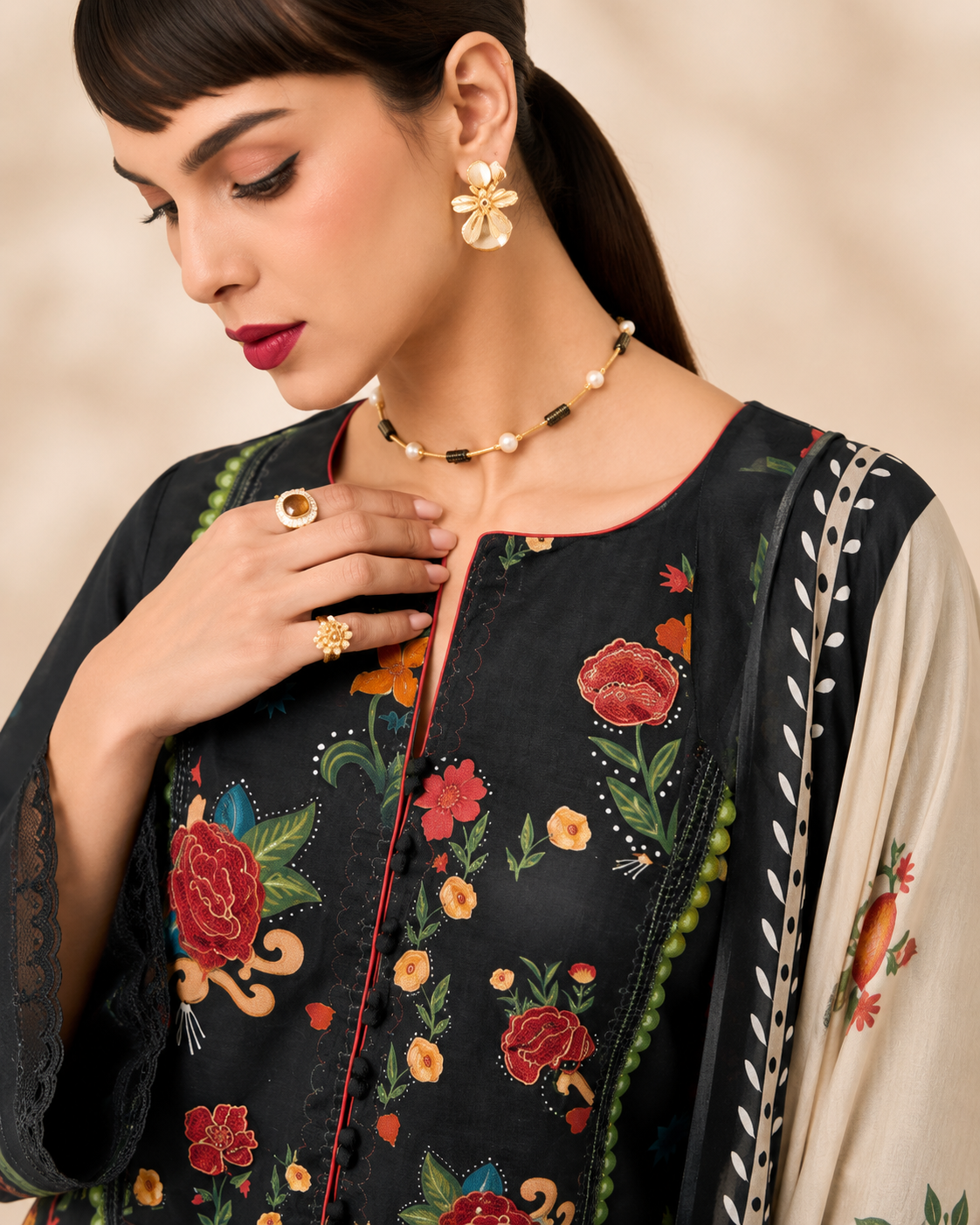 Black Pure Cotton Lawn Suit Set With Resham Embroidery, Digital Print & Scalloped Crochet Design