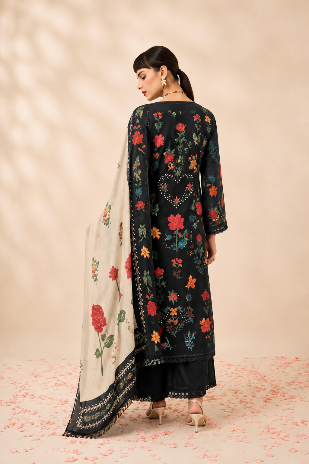 Black Pure Cotton Lawn Suit Set With Resham Embroidery, Digital Print & Scalloped Crochet Design