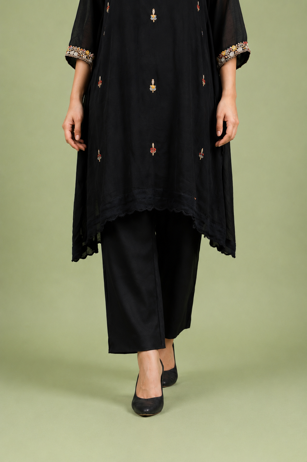 Black Georgette Kurta Set with Multicolor Floral Embroidery & Handwork Detailing